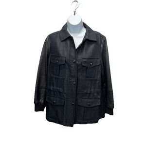 Club Monaco Black Lamb Leather Canvas Cargo Utility Jacket Size S Pockets zip